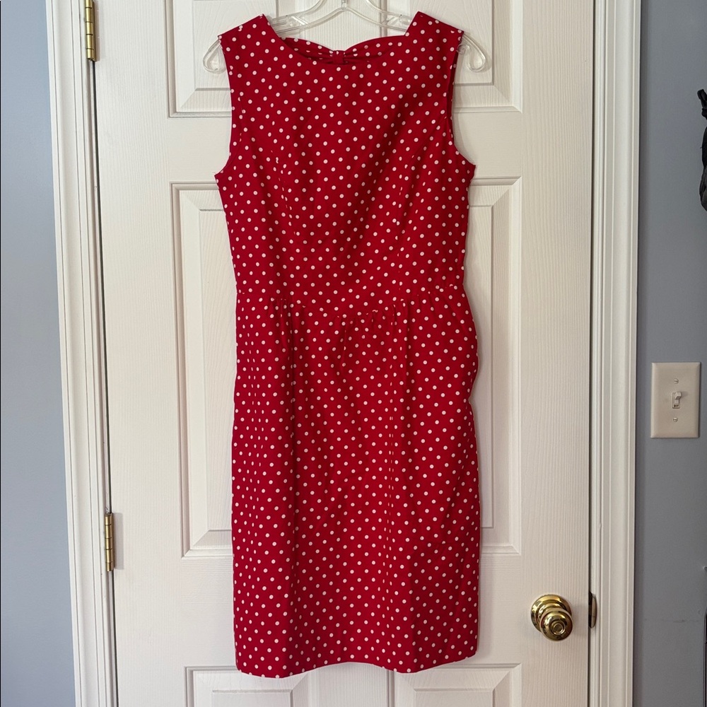 Lanz Originals Red Polka Dot Dress Bow Back Pockets Vintage Made in USA Size 10